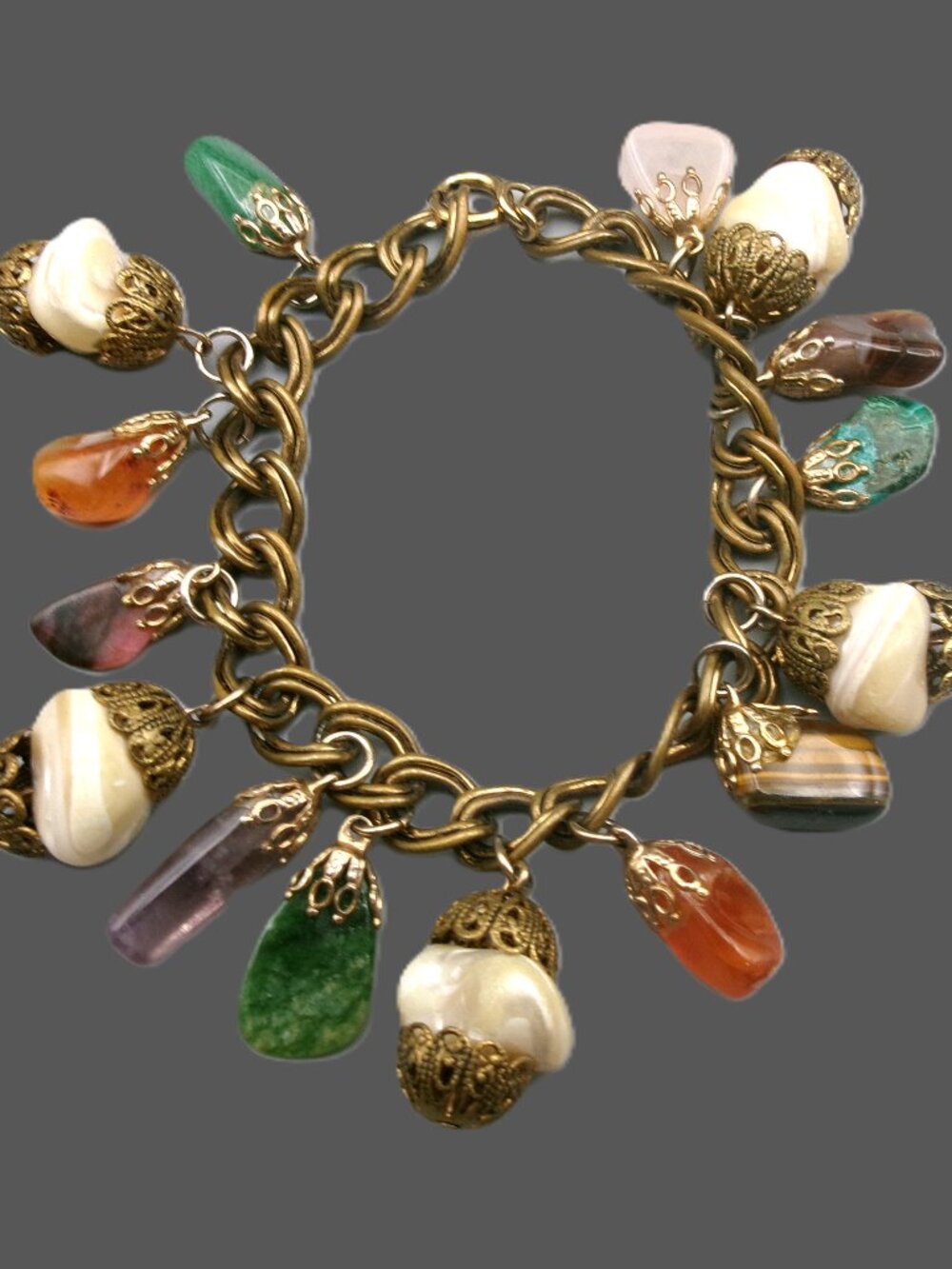 Vintage Multi Gemstone Charm Bracelet, Brass Filigree Capped, 15 Charms